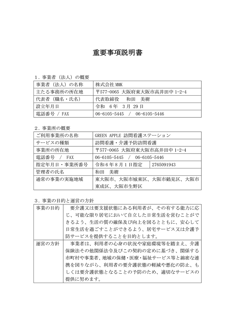 重要事項説明書（要支援の方向け）
